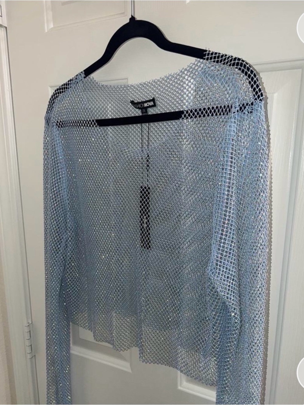 Fashion Nova Light Silver Mesh Crop Long Sleeve Top